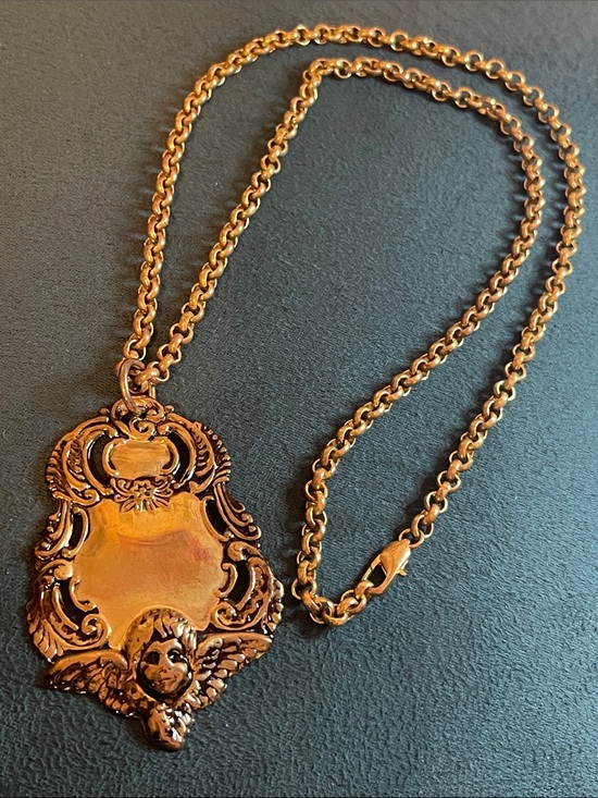 Vintage Jewelry - Vintage Art Nouveau Antiqued Brass Cherub Shield Pendant Necklace